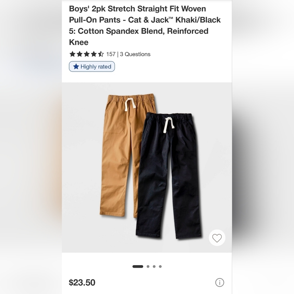Cat & Jack Boys' 2pk Stretch Straight Fit Woven Pull-On Pants-Khaki & Black-NWT